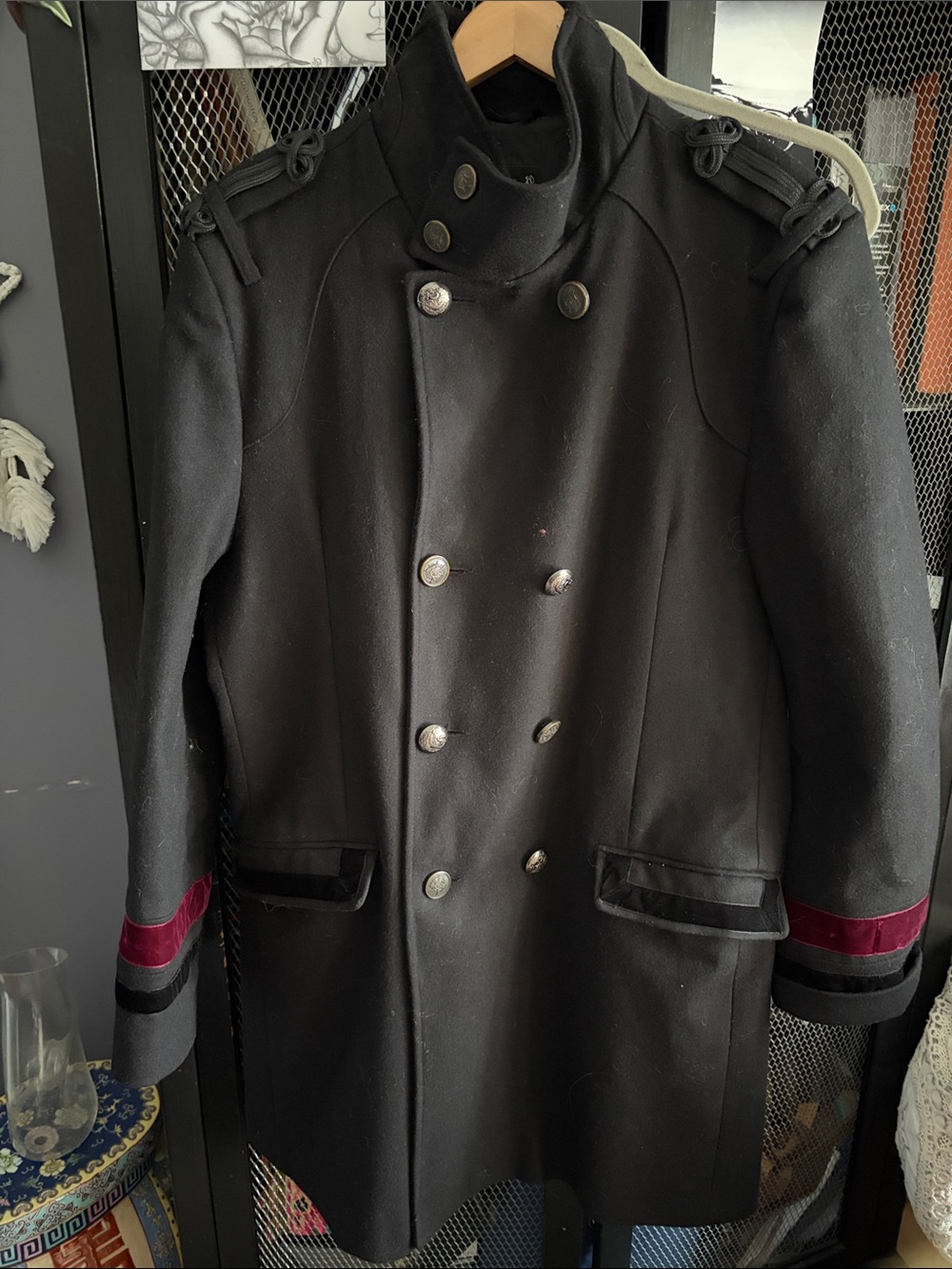 Rare River Island Black Double-Breasted Pea Coat with Burgundy Cuff Bands